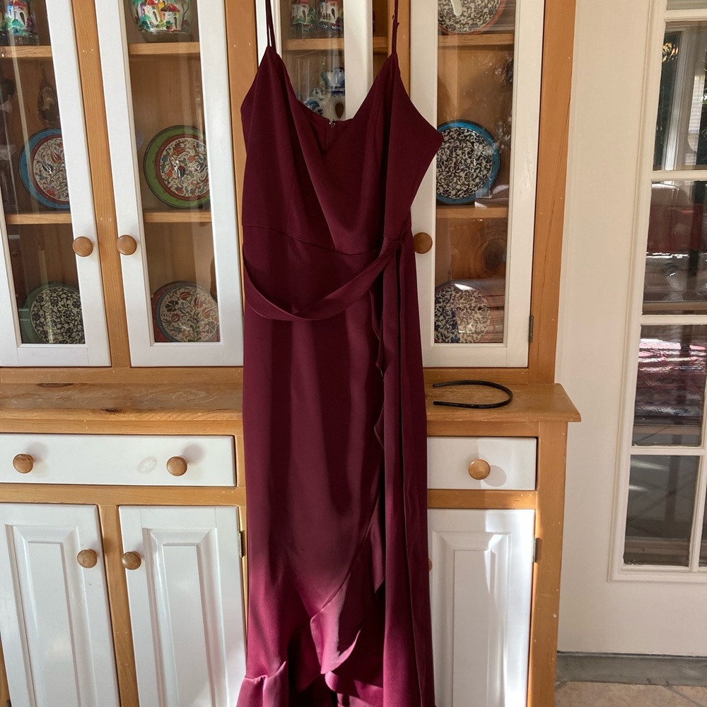 Wine colored David’s Bridal bridesmaid dress